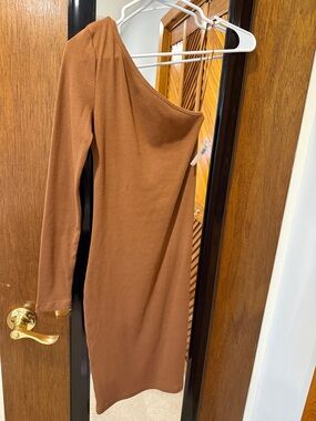 One-Shoulder Long Sleeve Women's Dress - Brown